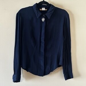 Vintage New Frontier‎ Blue Womens Blouse Buttons Top Princess Cut USA Made M *R*
